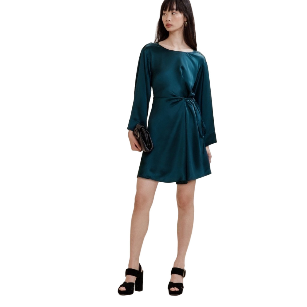 Banana Republic satin dress L midi treccia hammered  long sleeves luxe wedding